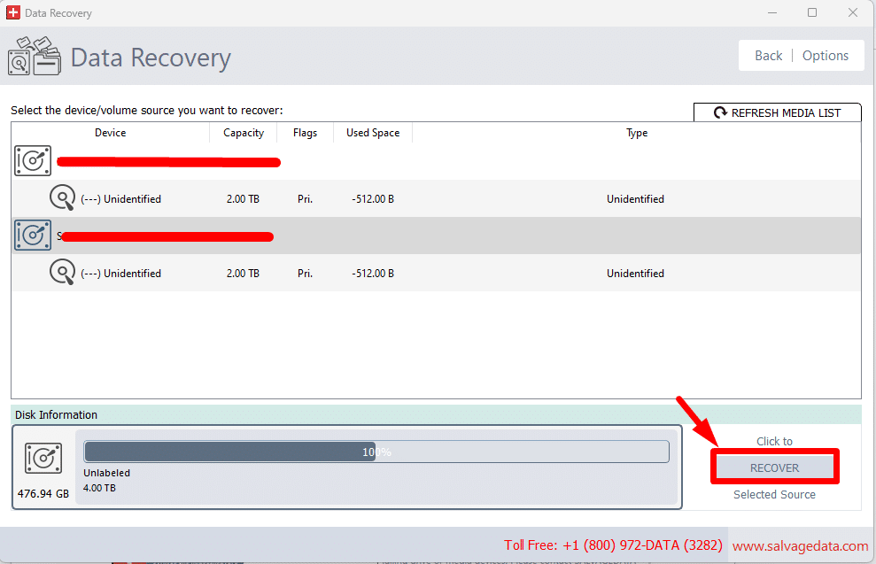 Select your drive, click "RECOVER," choose the file system, and proceed with "SCAN."  